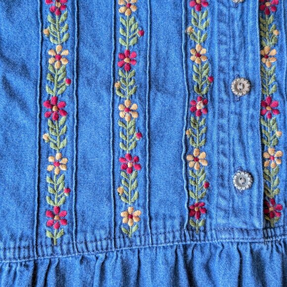 Vintage Erika & Co Blue Denim Floral Embroidered Midi Dress large - Picture 4 of 7